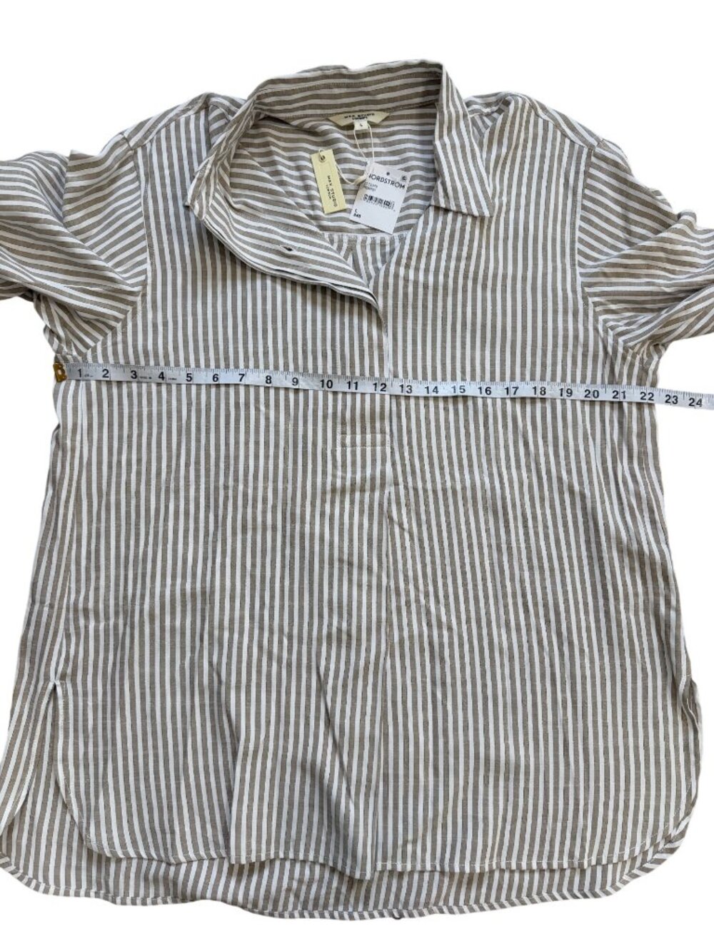 Max Studio London Women Size L Tunic Top Roll-Tab Sleeve Beige Striped Shirt NEW - Picture 5 of 8